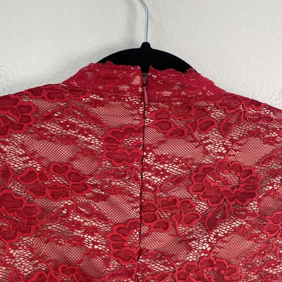 Express Womens Small Red Lace Choker Neck Short Sleeve Top Blouse Shirt - Picture 12 of 12
